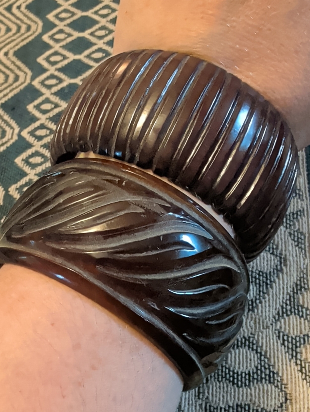 Vintage Chunky Brown Carved Bangle Bracelets- Set Of 2